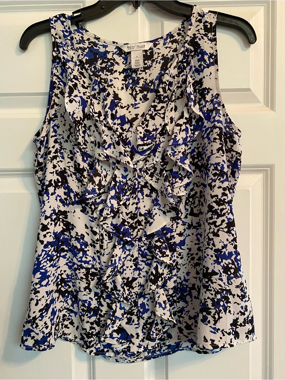 White House Black Market Blue, Black & White Ruffle Front Sleeveless Blouse